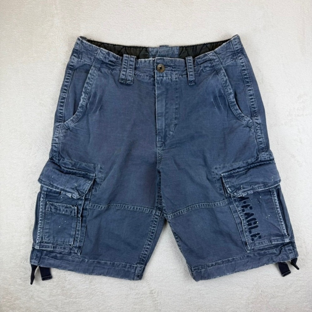 American Eagle Mens Cargo Shorts Blue Longer Length Embroidered Sz 32 Distressed